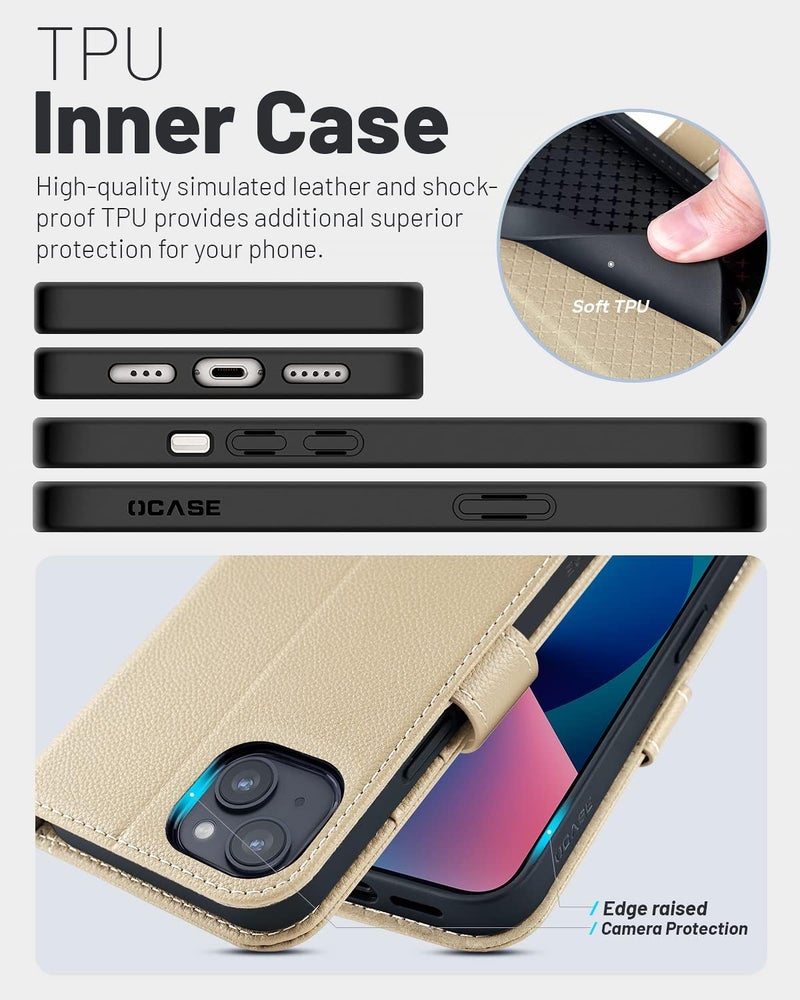 OCASE Compatible with iPhone 13 Wallet Case, PU Leather Flip Folio Case with Card Holders RFID Blocking Kickstand [Shockproof TPU Inner Shell] Phone Cover 6.1 Inch 2021 (Litchi Apricot) - Image 5